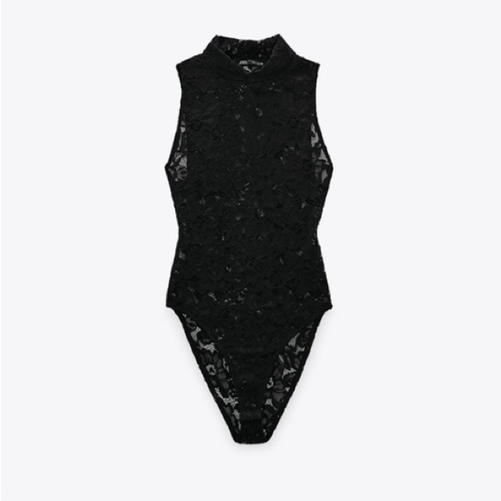Zara Black Textured Lace Bodysuit